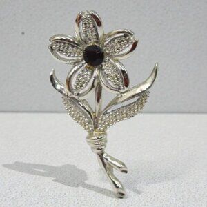 Vintage Sarah Coventry Flower Brooch w Black Rhinestone